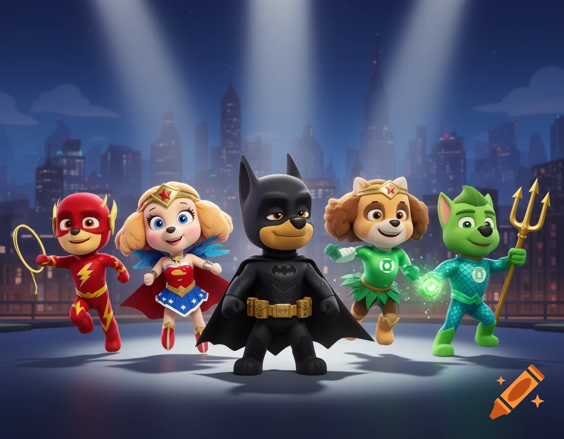 Five cartoon Paw Patrol pups as Justice League superheroes (Flash, Wonder Woman, Batman, Green Lantern, Aquaman) on a city rooftop.