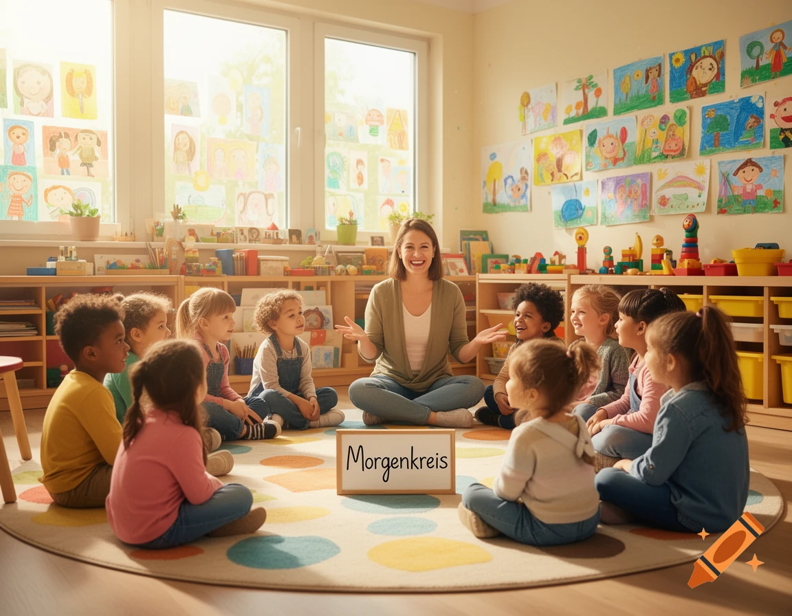Smiling teacher leading a morning circle with diverse children on a rug in a sunny kindergarten classroom.