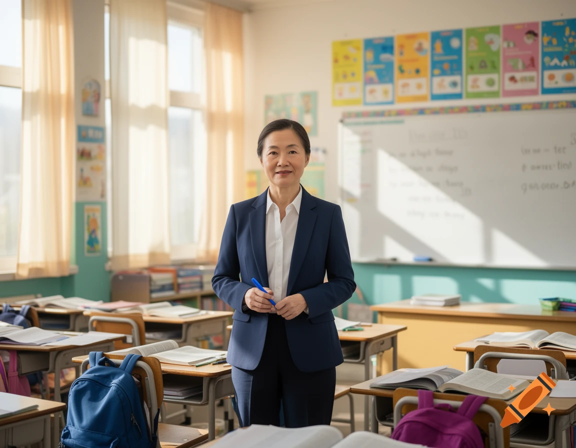 A smiling Asian woman, dressed in a suit, stands in a classroom holding a pen, with desks, books, and a whiteboard behind her.