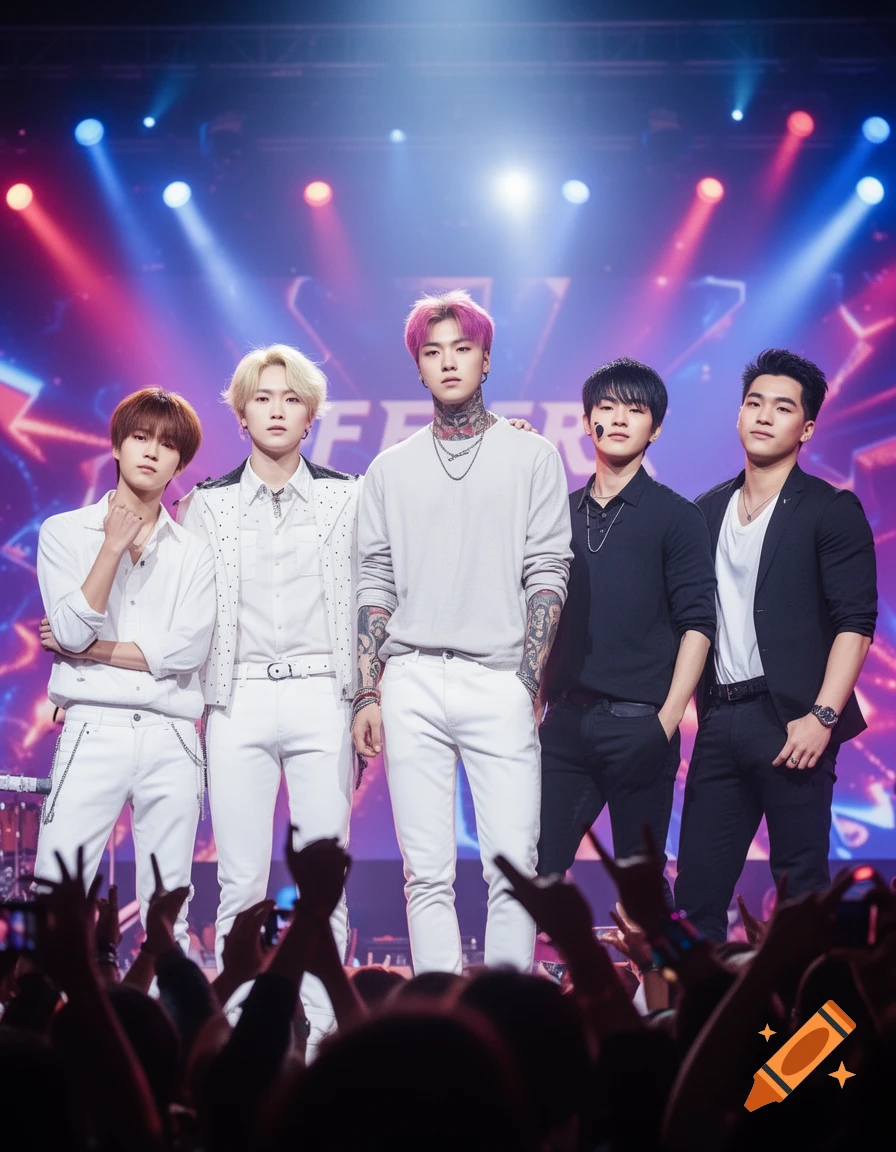 A group of five male K-pop idols, some with colored hair and tattoos, stand on a brightly lit stage with a large audience.