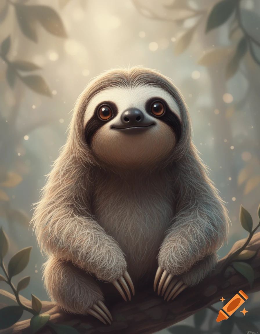 A cute, fluffy sloth with large, shiny eyes sits on a tree branch in a whimsical, soft-focus forest setting.