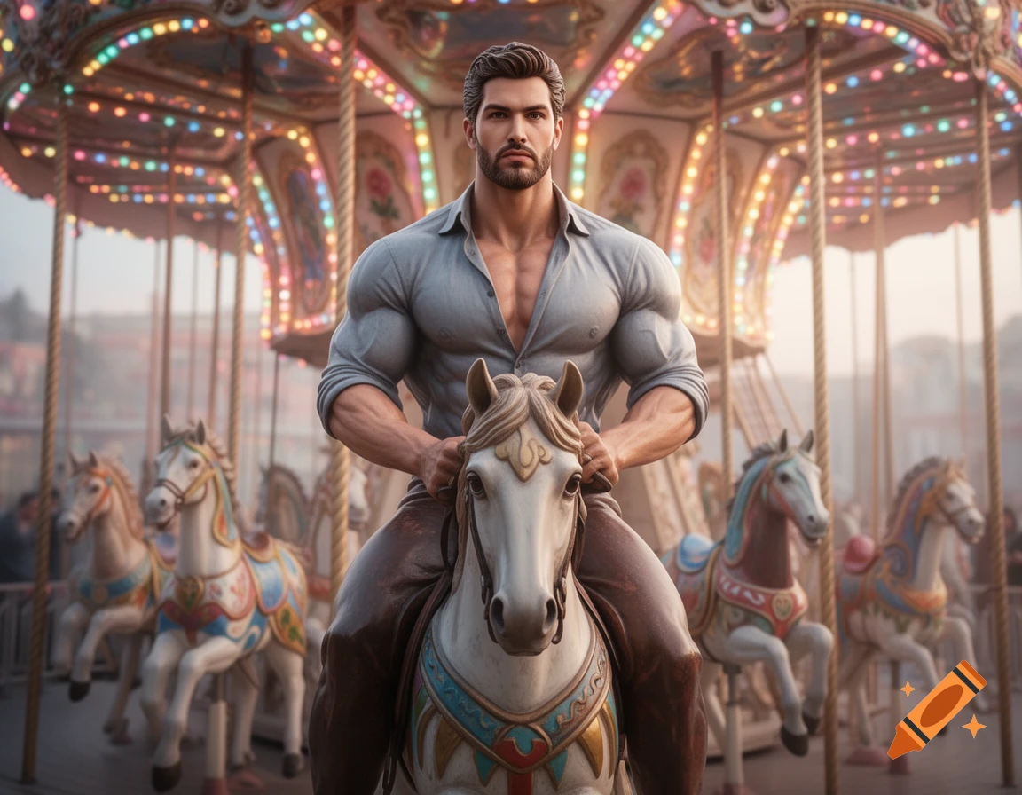 A hyper-muscular man with a beard rides a white carousel horse, set against a colorful, brightly lit carnival background.