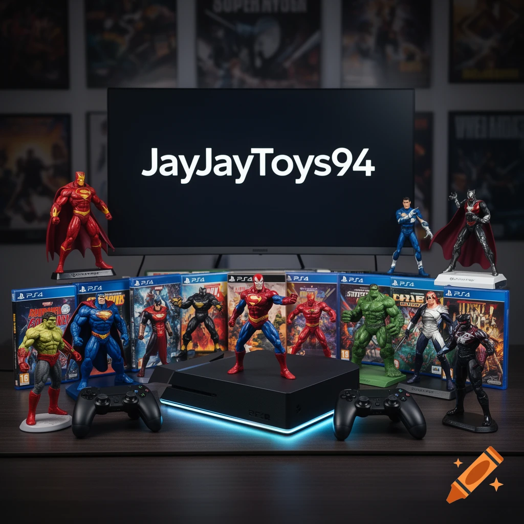 Various superhero action figures, a PS4 console with controllers and game cases, and a TV displaying 'JayJayToys94'.