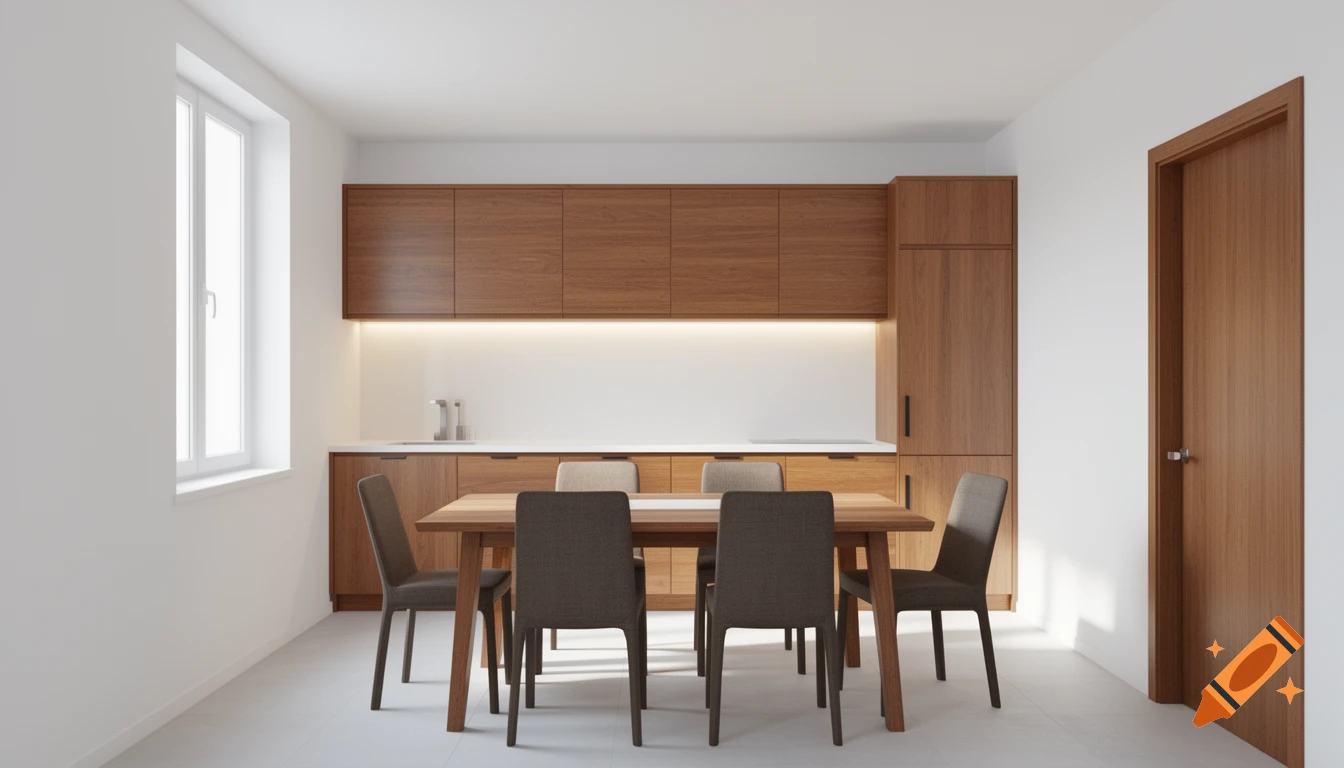 Photorealistic rendering of a bright, modern kitchen with wooden cabinets, a dining table, chairs, white walls, and a window.
