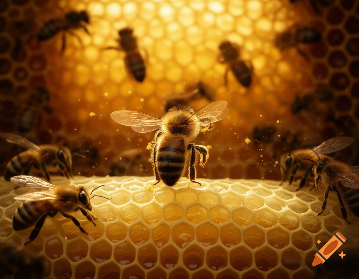 Photorealistic close-up of several bees on a golden honeycomb, with one bee prominent in the center.