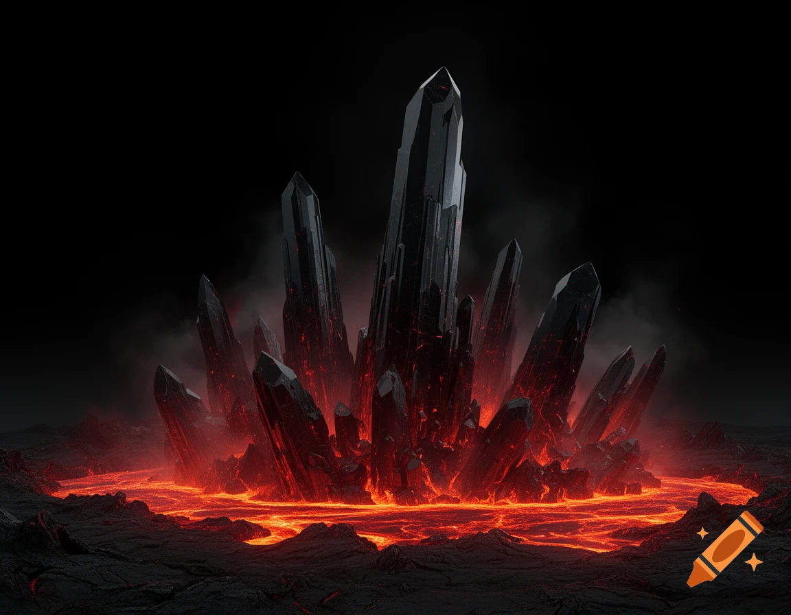 Jagged black obsidian spikes emerge from a glowing river of molten orange lava on a dark, smoky terrain.