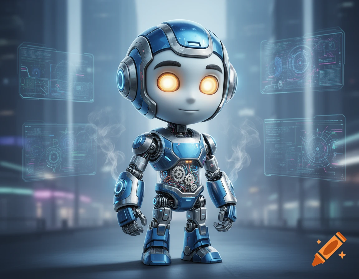 A cute, shiny blue and silver robot with glowing orange eyes stands in a futuristic city, surrounded by holographic data screens.