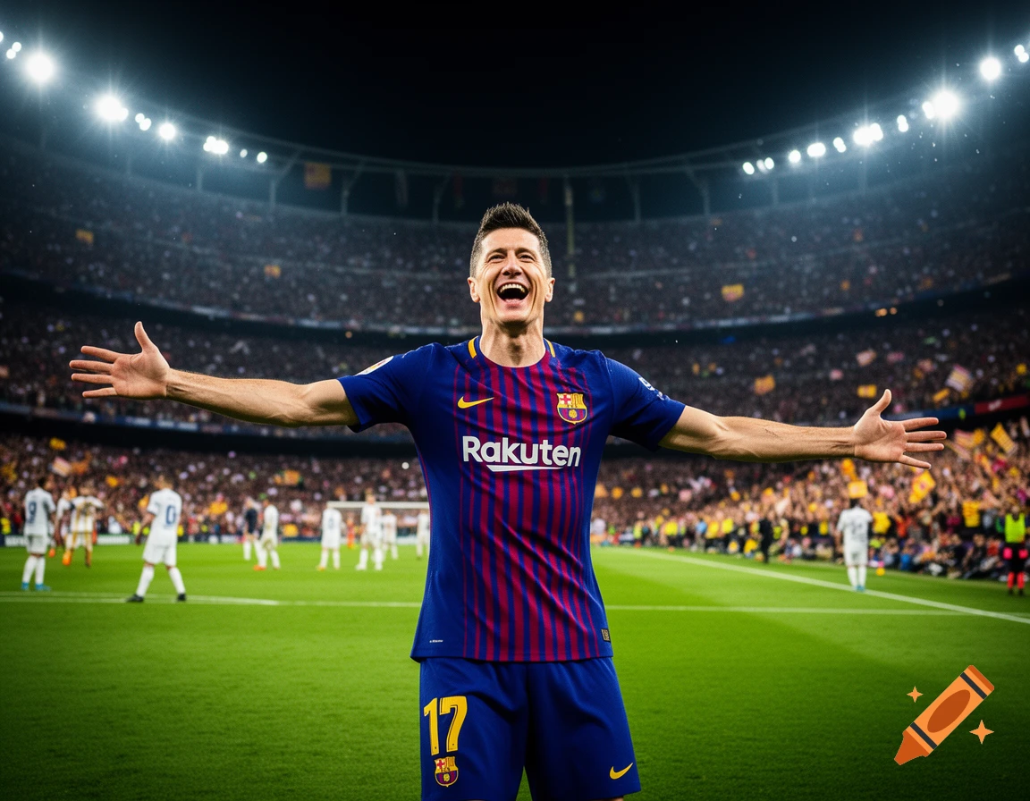 Robert Lewandowski in a blue and red FC Barcelona jersey, arms outstretched, celebrating on a soccer field in a stadium.