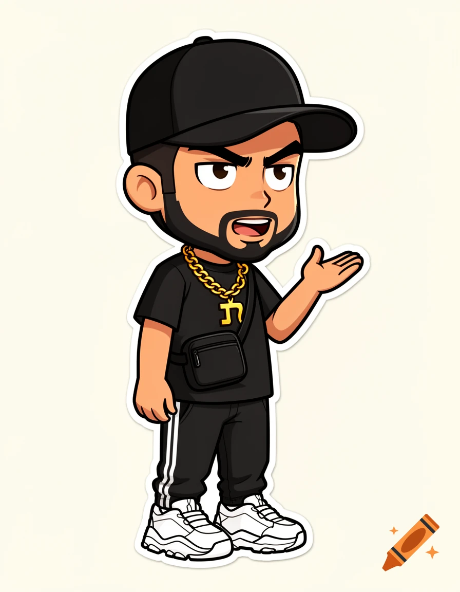 Chibi cartoon man in a black baseball cap, t-shirt, track pants, and chunky white sneakers, wearing a gold chain with a Hebrew letter pendant, striking a confident pose.