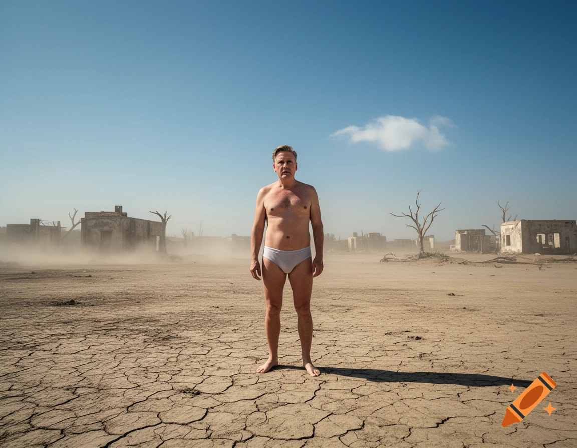A man in white briefs stands in a cracked, dusty wasteland with ruined buildings under a clear blue sky, photorealistic.