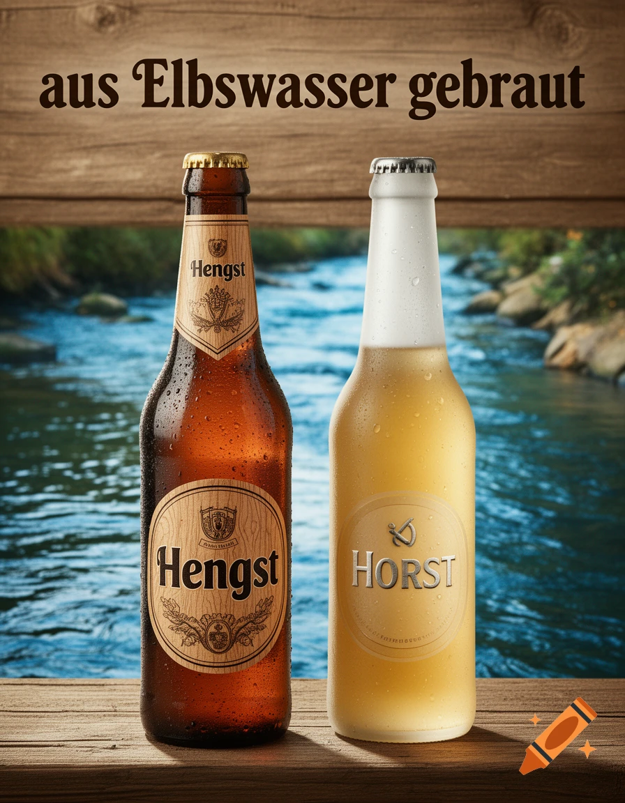 Two cold beer bottles, one amber and one pale, on a wooden table with a river background. Text reads "aus Elbswasser gebraut", "Hengst", and "HORST".