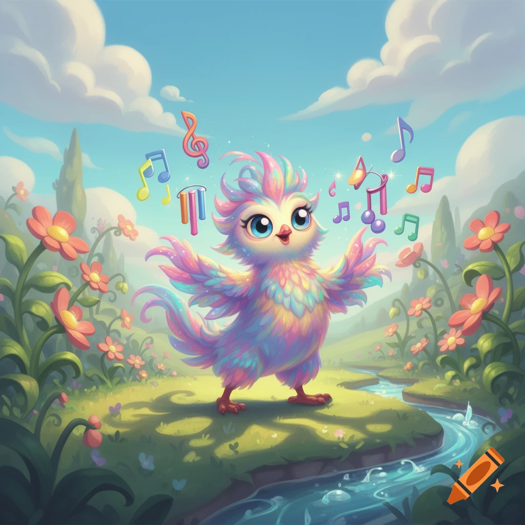 A cute, rainbow-colored, feathered creature with big eyes sings in a vibrant meadow with musical notes, flowers, and a stream.
