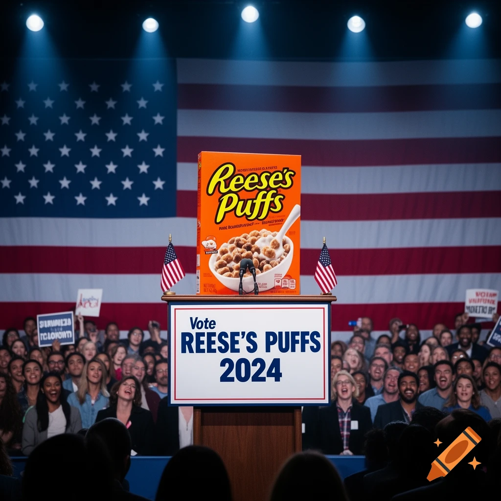 A Reese's Puffs cereal box stands at a podium in front of an American flag, with a crowd of people watching. A sign on the podium reads, "Vote REESE'S PUFFS 2024."