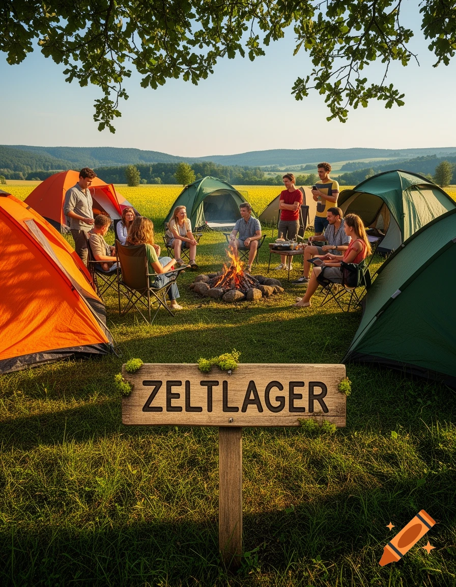 A group of friends gathers around a campfire at a tent camp in a sunny field, with a wooden sign reading 'ZELTLAGER'.