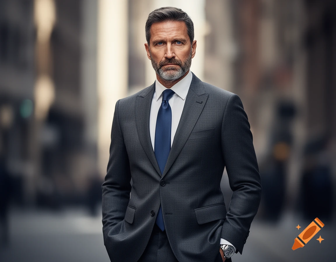 Photorealistic portrait of a serious man with a beard, wearing a dark suit and blue tie in a blurred city setting.