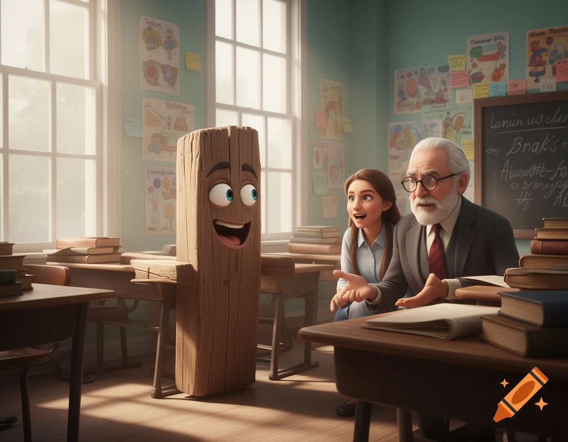 A cartoon wooden plank character with an animated face talks with a teacher and a student in a brightly lit classroom.