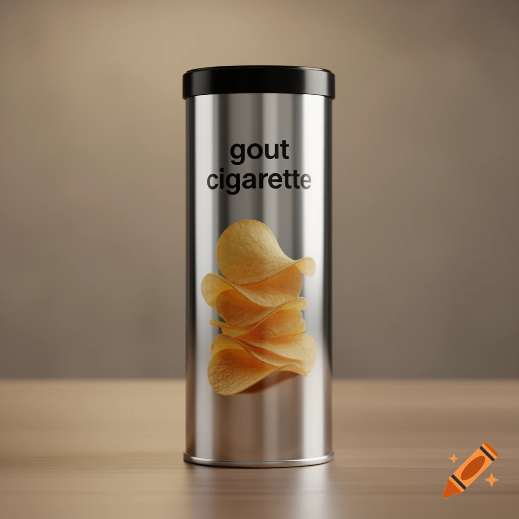 A silver cylindrical can with a black lid, labeled 'gout cigarette', holds a stack of potato chips on a wooden table.
