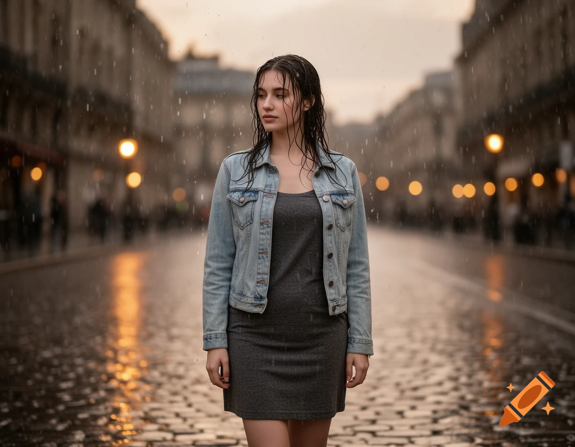 A young woman with wet hair and a denim jacket stands in the rain on a cobblestone city street at dusk.