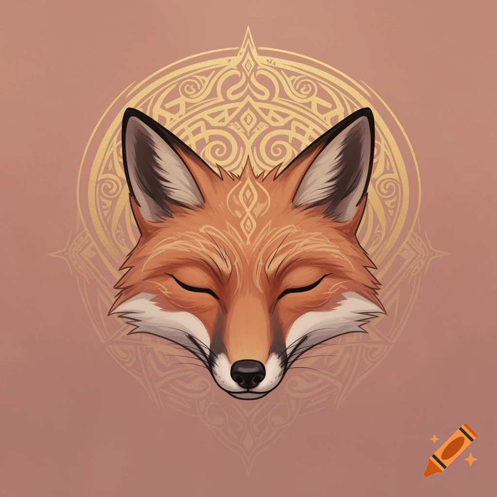 A stylized symmetrical fox head with closed eyes, against a muted pink background with an ornate gold tribal halo.