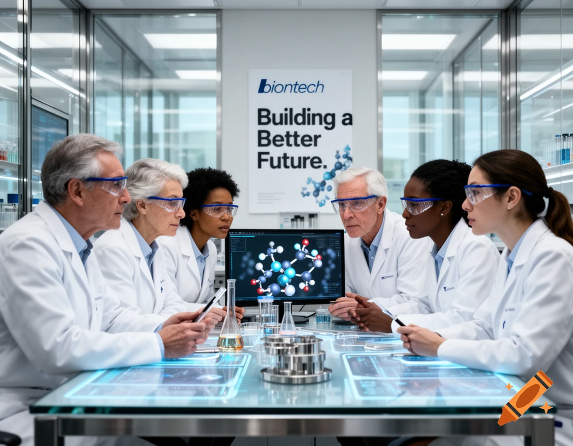 Diverse scientists in lab coats and safety glasses gather around a holographic table, looking at a molecular model on a computer screen in a modern lab. A poster in the background reads 'biontech Building a Better Future.'