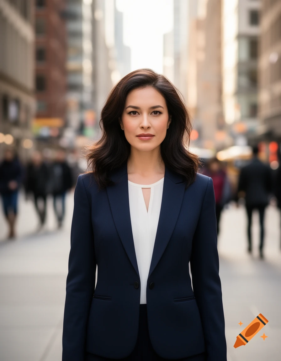 A photorealistic portrait of a young woman in a dark business suit and ...