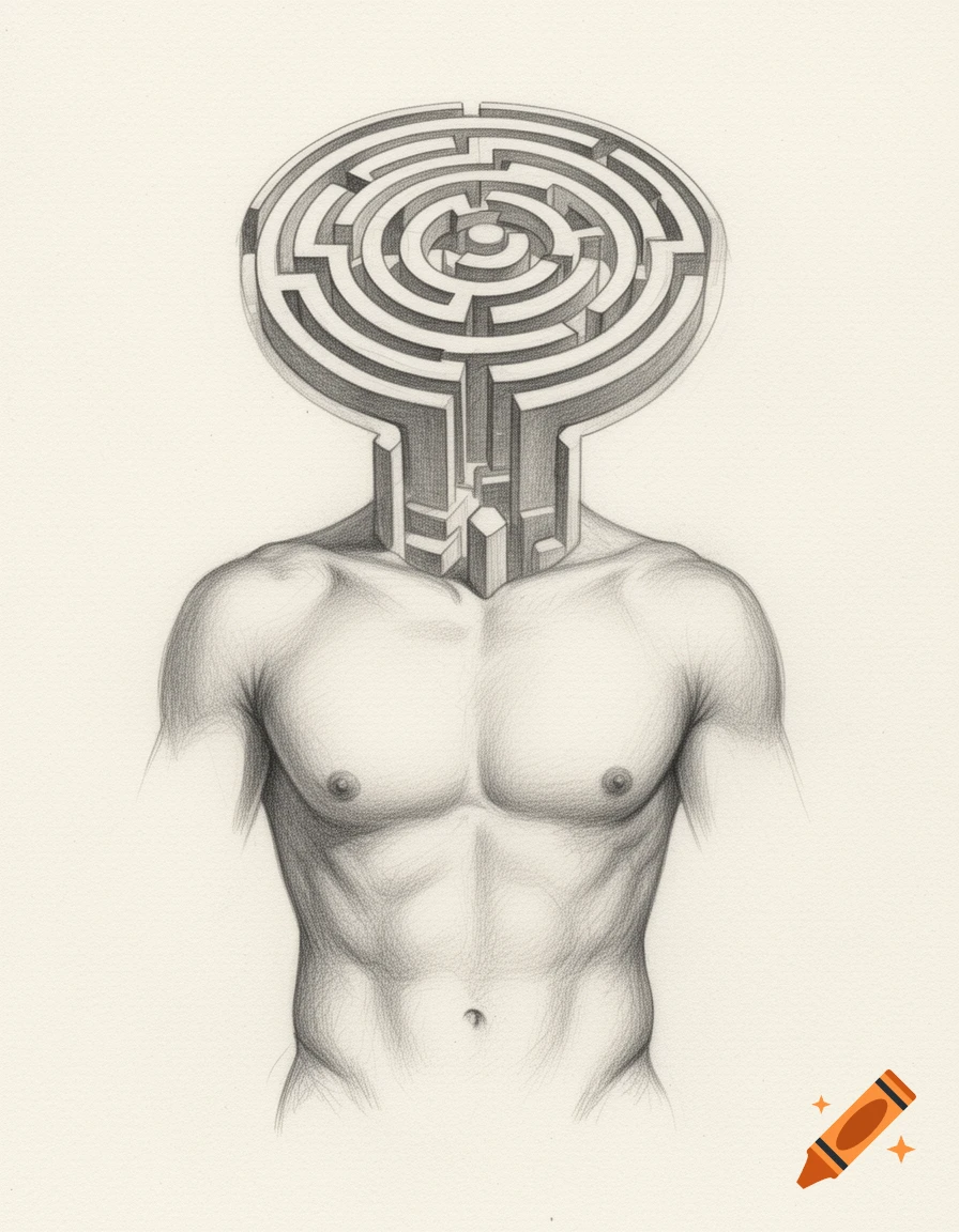 Pencil sketch of a muscular male torso with a circular labyrinth forming its head.