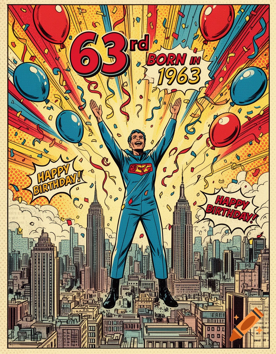 Comic book style image of a Superman-like figure celebrating his 63rd birthday, born in 1963, over a city with balloons and confetti.