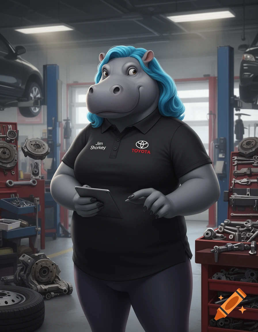 A cartoon hippo with blue hair, wearing a black Toyota polo shirt and dark leggings, stands in a car repair shop holding a tablet.