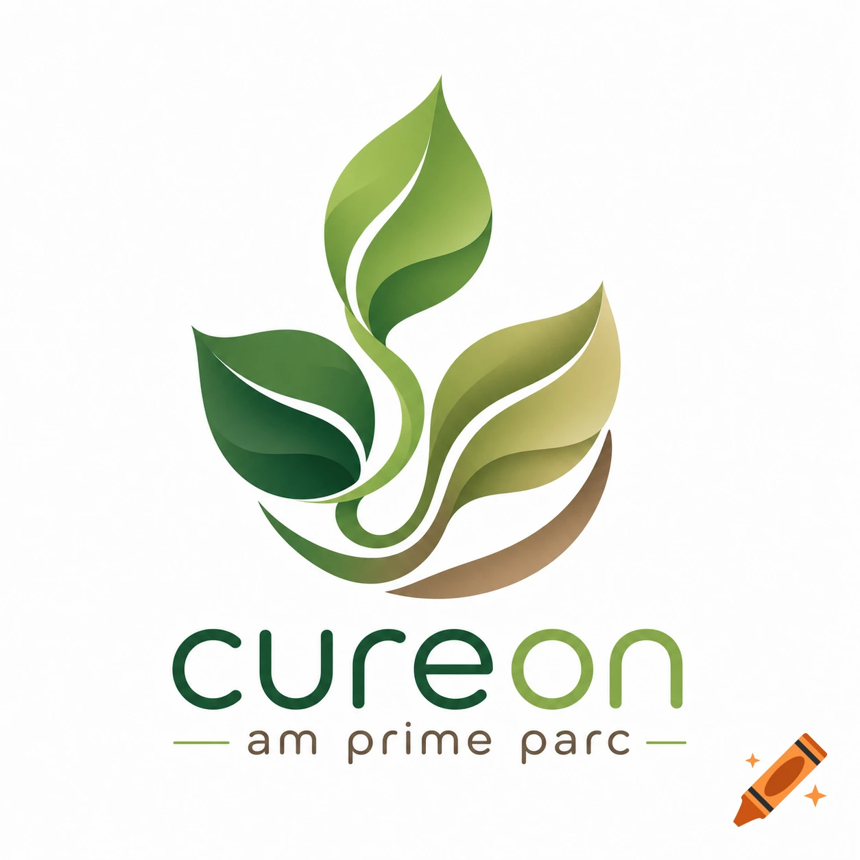 A stylized logo featuring three green and brown leaves arranged above the text "cureon am prime parc" in a rounded font.