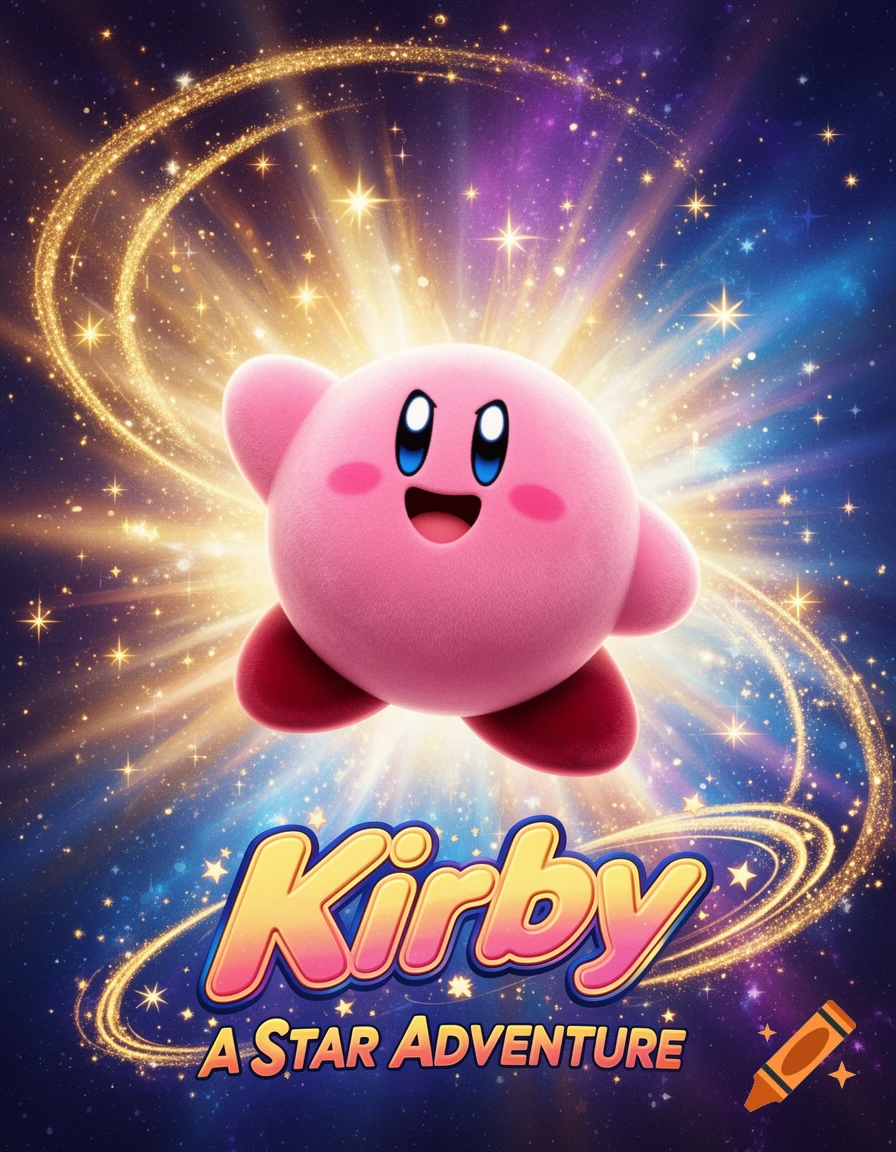 Kirby, the pink puffball, flies through a cosmic sky filled with golden stars and light, above the title "Kirby A STAR ADVENTURE".