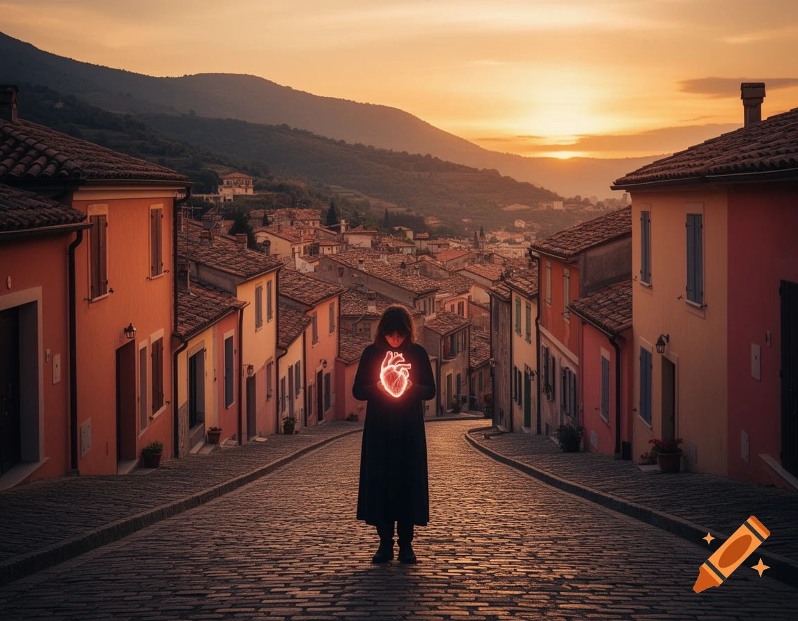 A lone figure in a dark cloak stands on a cobblestone street in a Mediterranean village at sunset, holding a glowing red heart.