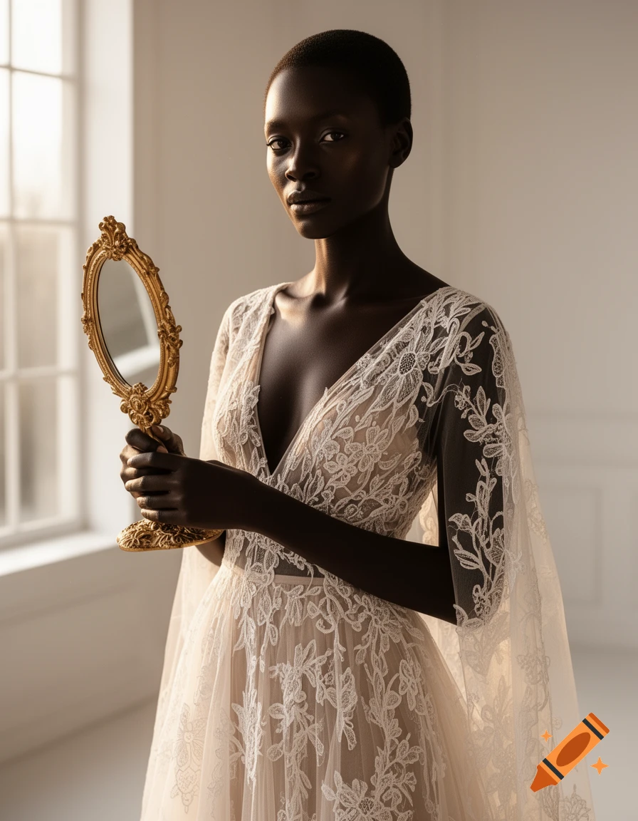 A Black woman in an elegant, deep-V lace wedding dress holds a gold ornate mirror, looking directly at the viewer in a softly lit room.