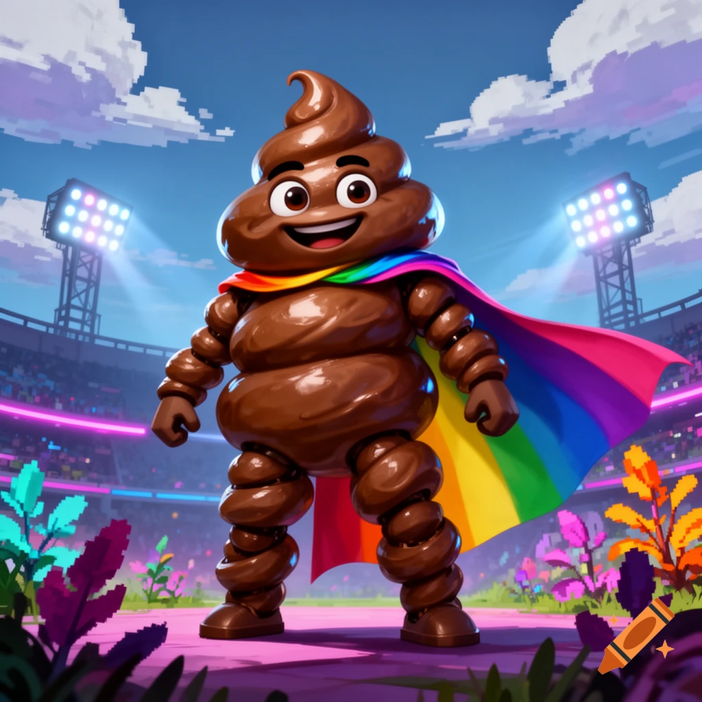A smiling brown poop emoji character in a rainbow cape stands in a pixelated stadium.