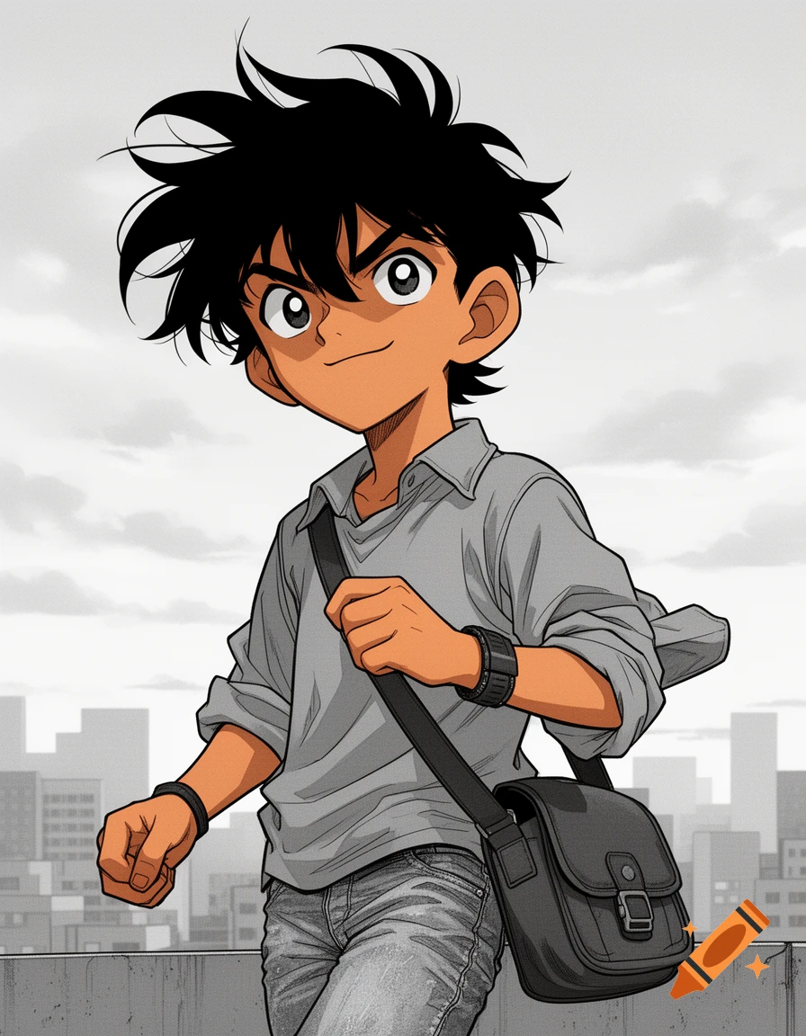 Manga style drawing of a young boy with black hair and tan skin, wearing a grey shirt and jeans, carrying a messenger bag, with a city background.