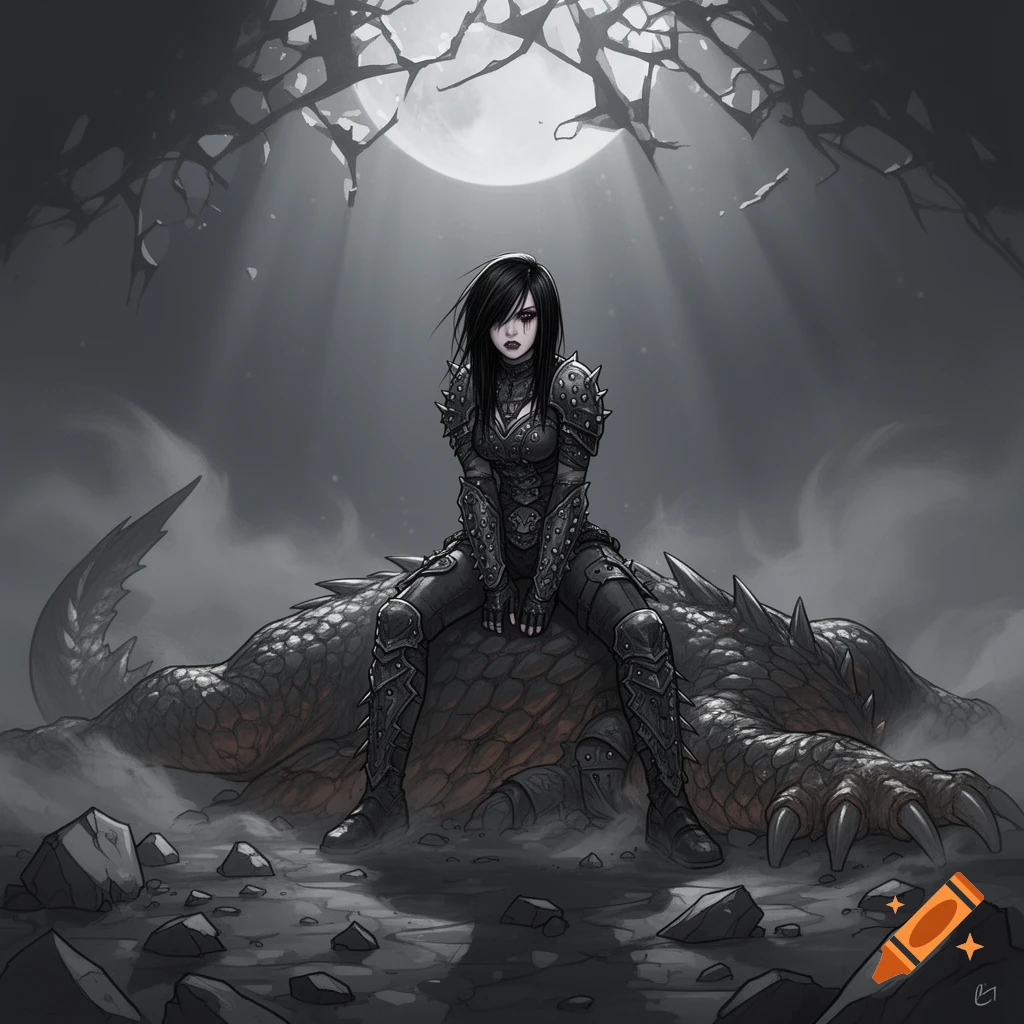 A female emo warrior with dark hair and spiked armor sits on a defeated scaly monster under a full moon, 2D art style.