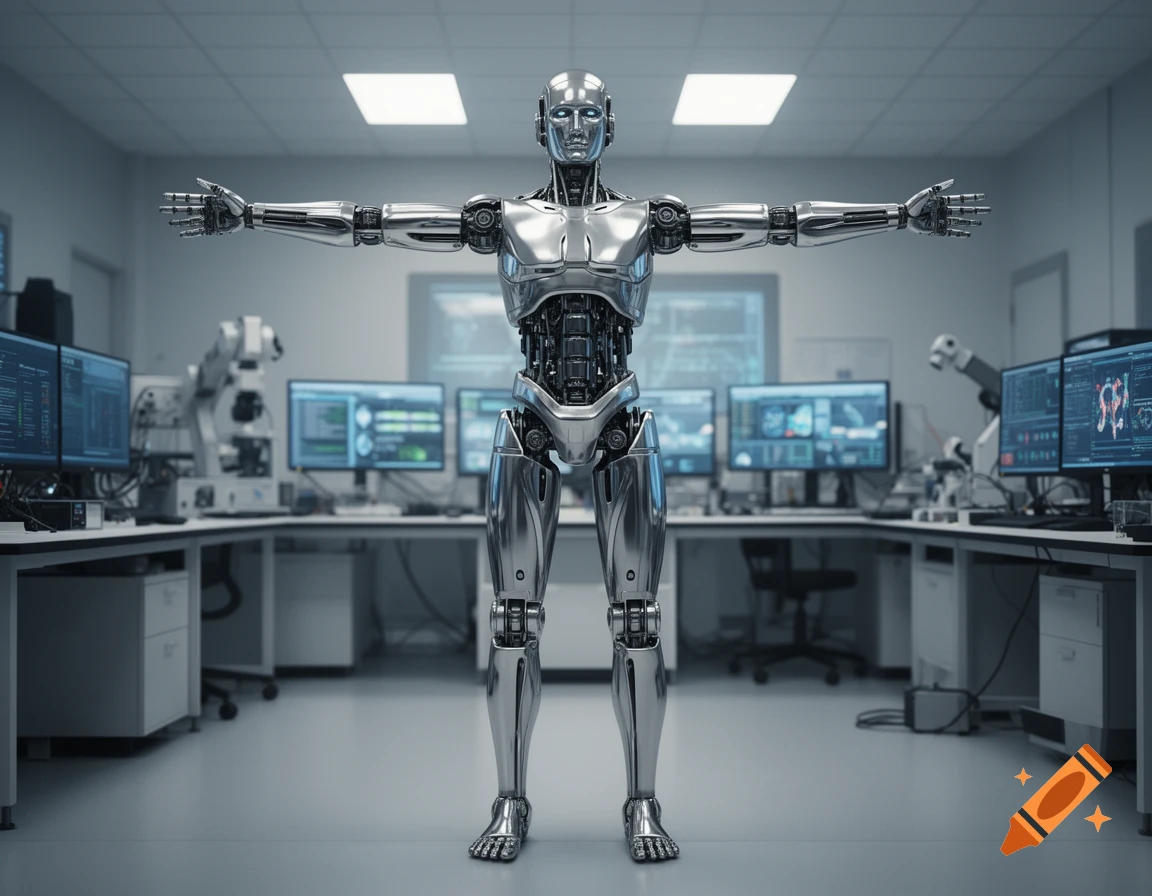 A photorealistic metallic humanoid robot stands with arms outstretched in a sterile, futuristic laboratory filled with computer monitors.