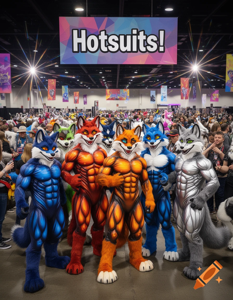 Colorful, muscular fursuits, including red, orange, blue, and silver wolf-like characters, pose at a busy furry convention under a banner reading 'Hotsuits!'.