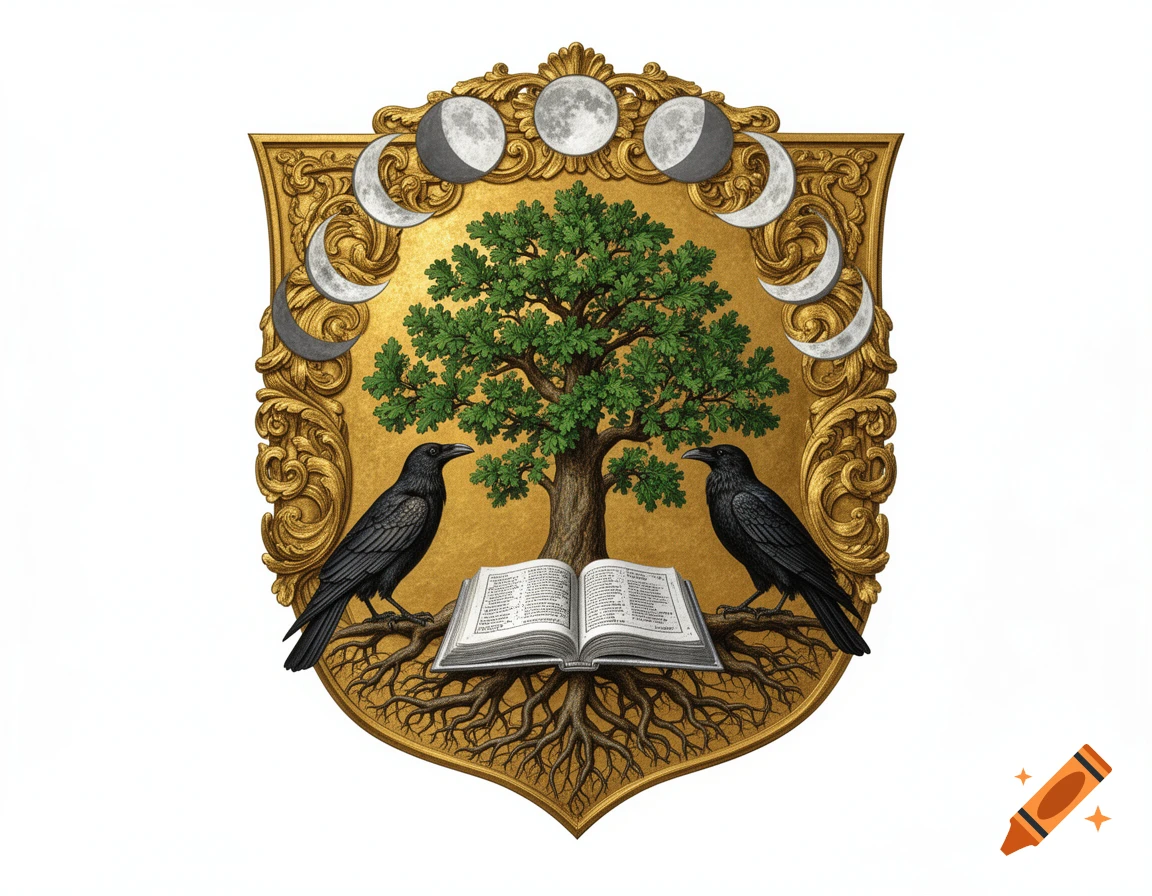 A heraldic coat of arms featuring a gold shield, a green oak tree with roots, two black ravens, an open book, and moon phases.