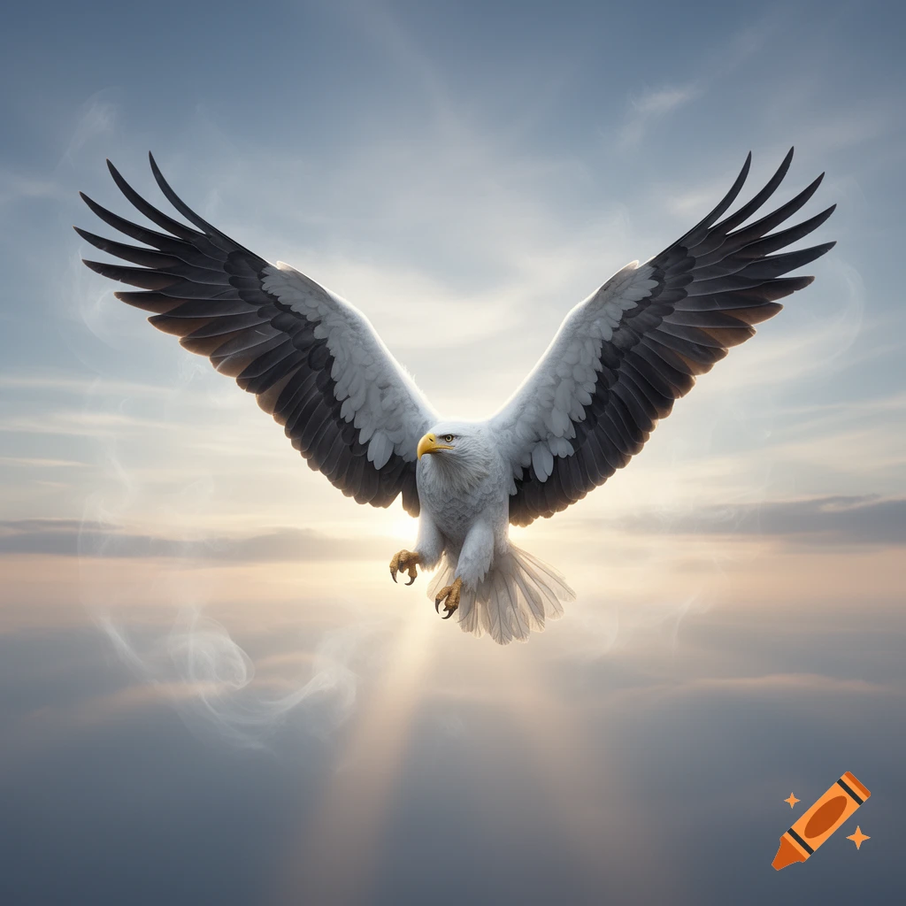 A majestic bald eagle with outstretched wings soars through a bright ...