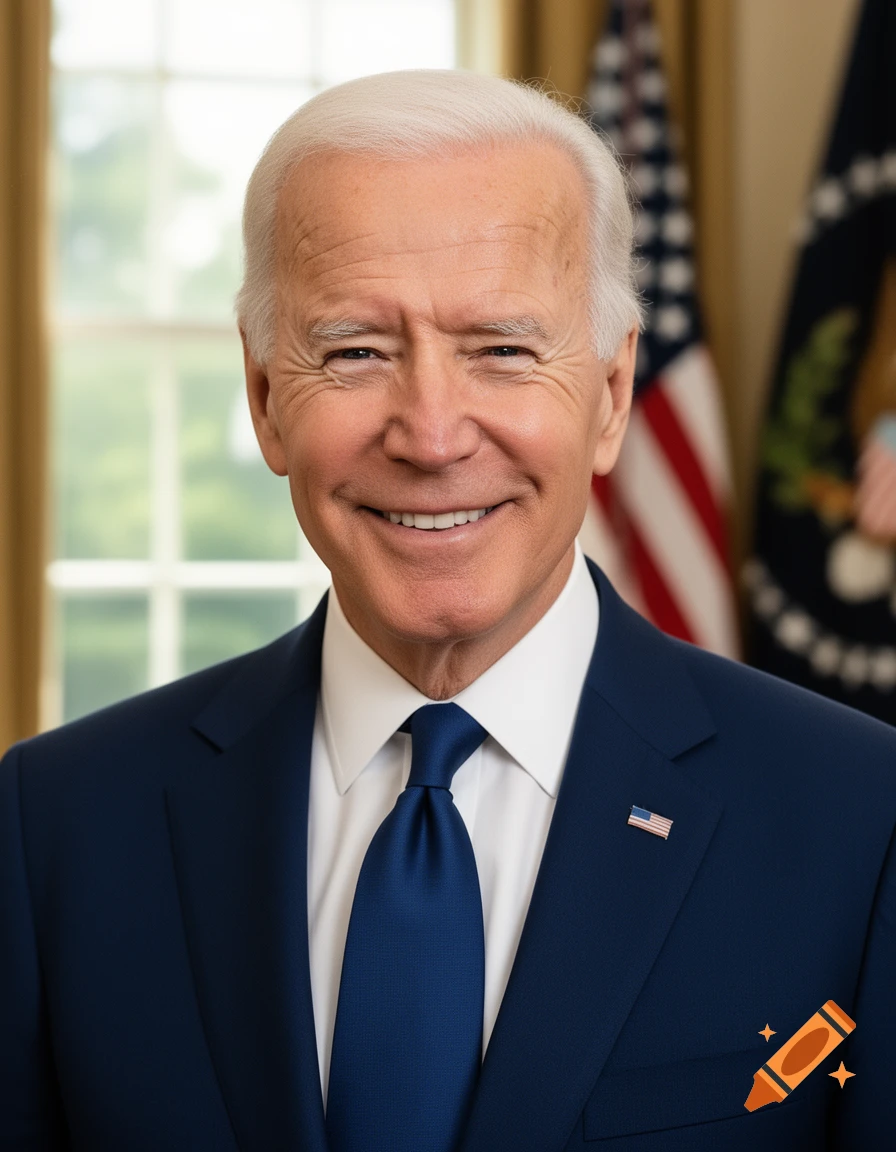 Photorealistic portrait of Joe Biden smiling in a blue suit and tie, with flags and a window in the background.