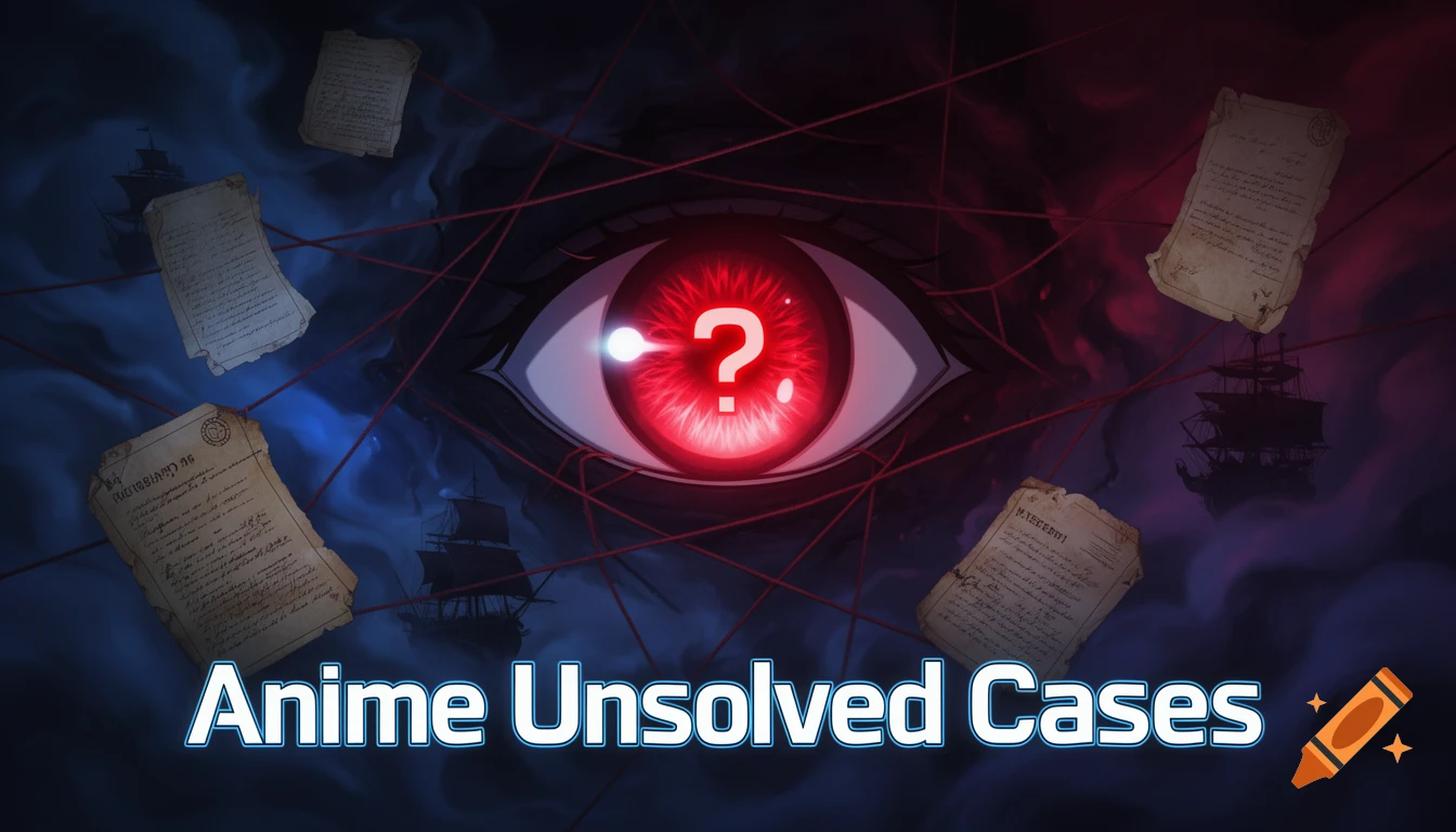 A dark, mysterious anime-style banner with a glowing red eye containing a question mark at the center. Old floating papers, red strings, and ghost ship silhouettes surround it in blue and red fog. Text reads 'Anime Unsolved Cases'.