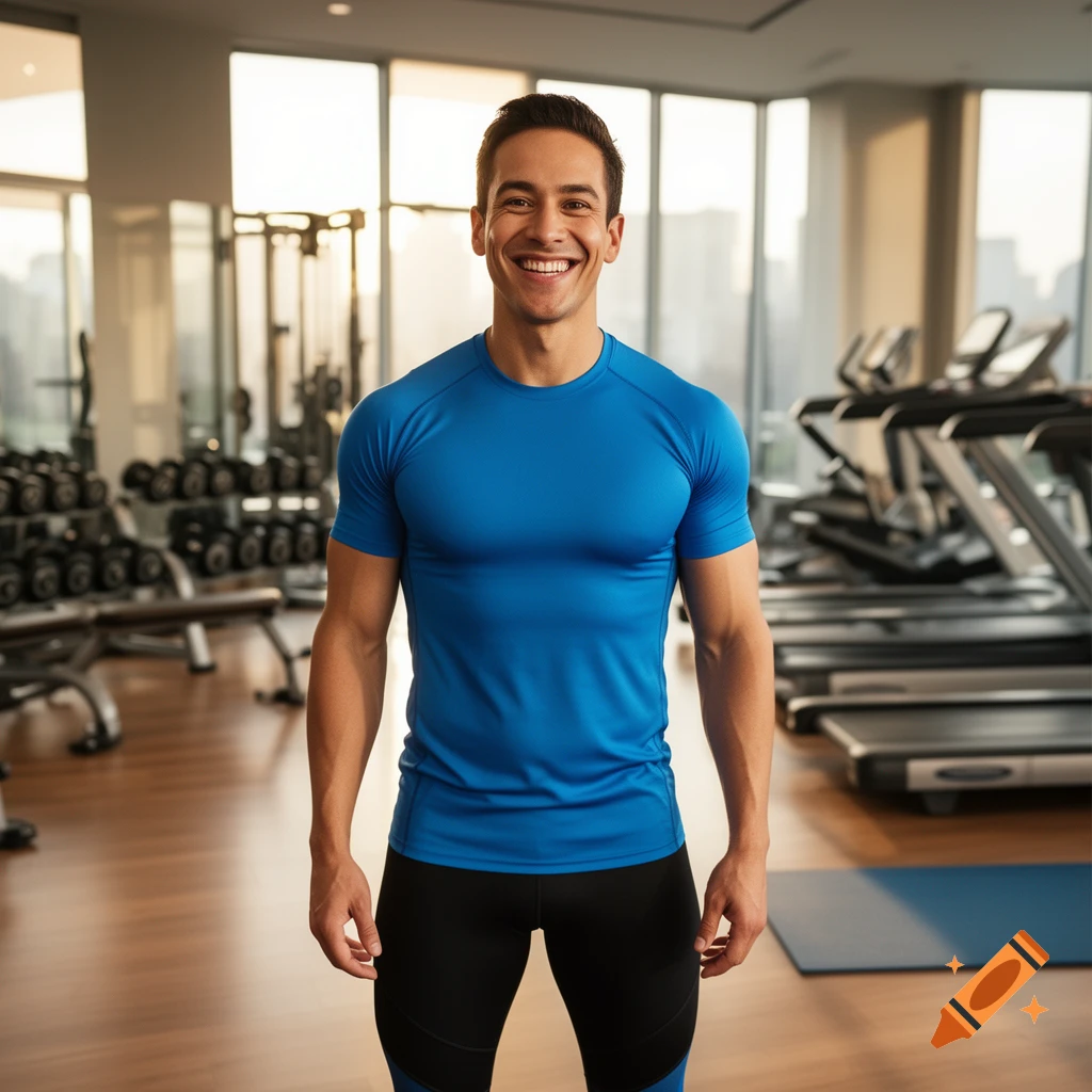 A smiling man in a blue athletic shirt and black leggings stands in a modern gym, with fitness equipment in the background.