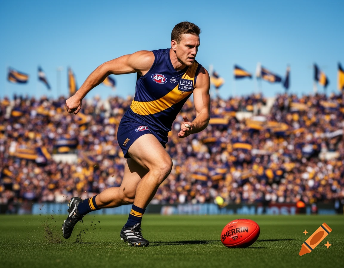 A muscular AFL player in a blue and yellow uniform runs on a green field, a red football beside him, with a cheering crowd in the background.