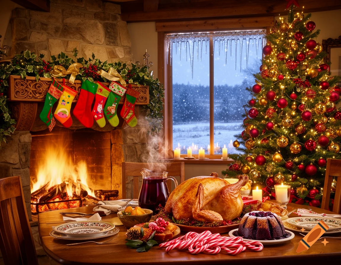 Photorealistic Christmas scene in a cozy cottage with a festive dinner, fireplace with stockings, and a decorated tree next to a snowy window.