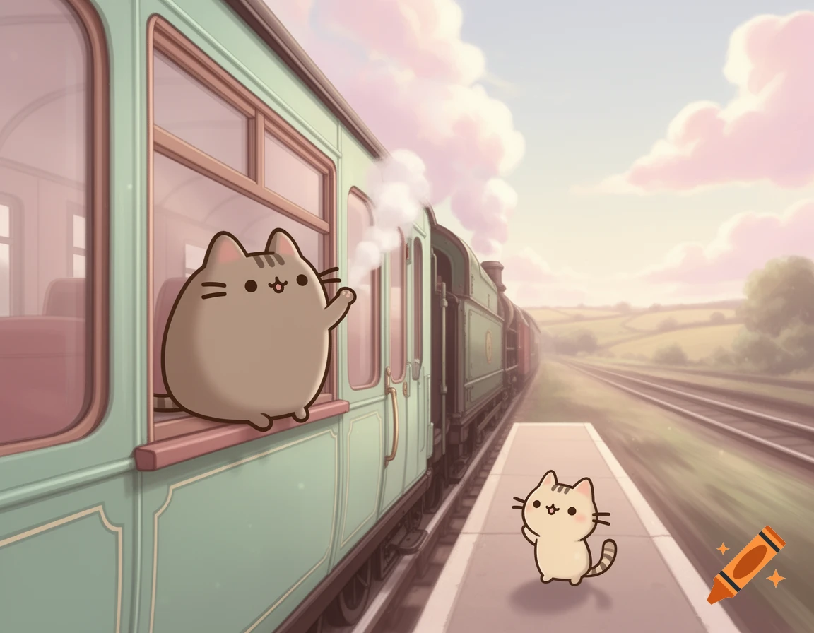 A cartoon Pusheen cat waves from a train window to a smaller Pusheen cat waving from the platform, in a pastel landscape.