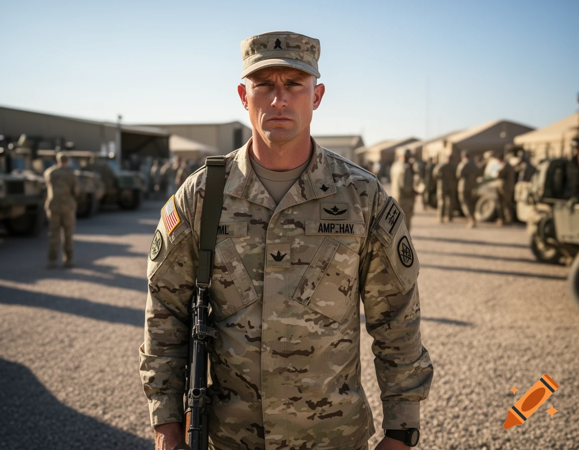 A photorealistic portrait of a serious male soldier in a camouflage uniform, holding a rifle, standing in a desert military base.
