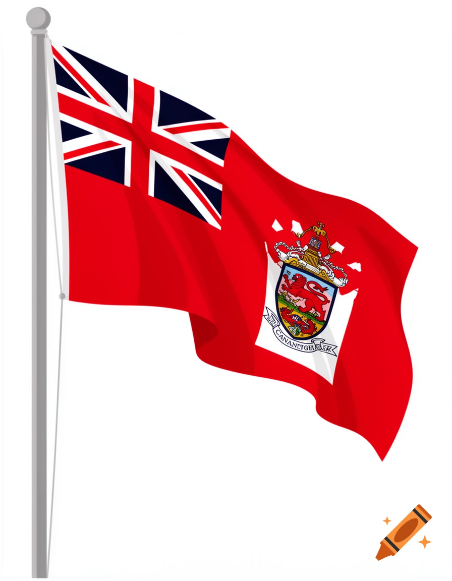 A red ensign flag with the Union Jack in the canton and a coat of arms with a red lion and shield on the fly, waving against a white background.