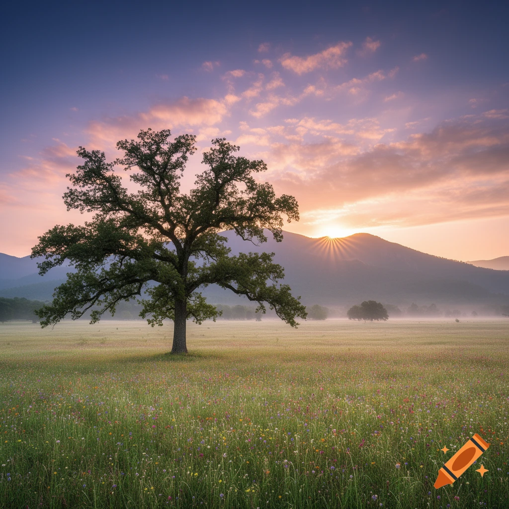 A solitary tree stands in a field of wildflowers as the sun rises behind misty mountains, casting golden rays across the colorful sky.