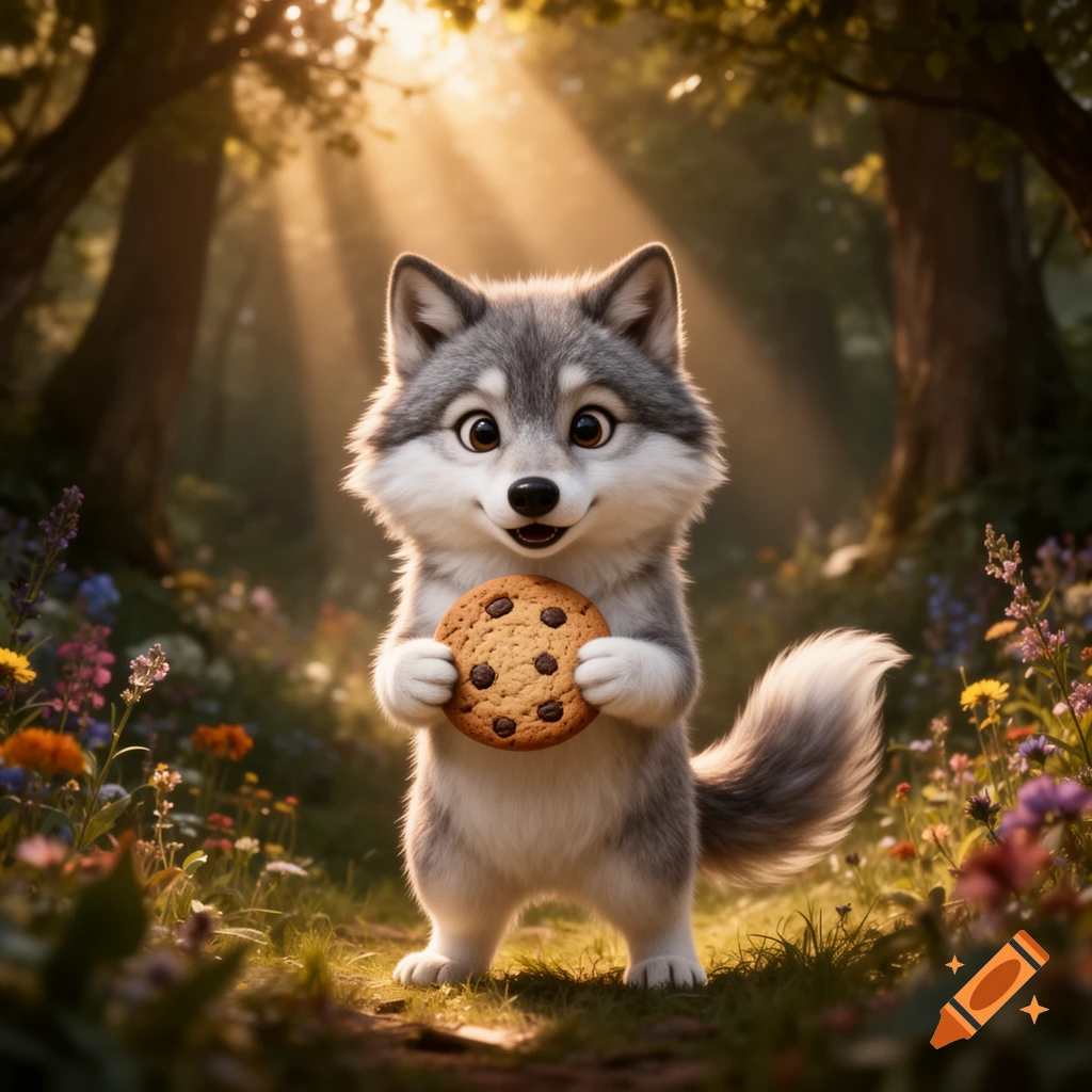 A cute, fluffy cartoon wolf holding a chocolate chip cookie in a sunlit forest with wildflowers.