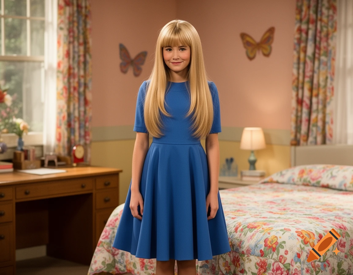 A young girl in a blue dress with blonde hair and bangs stands smiling in a brightly lit bedroom with floral decor.